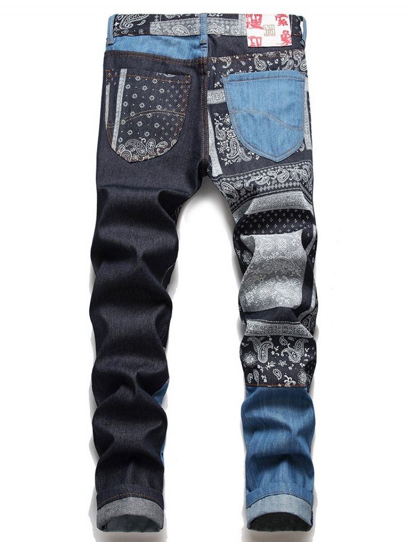 Patchwork Straight Floral Lynlås Mid Waist Jeans