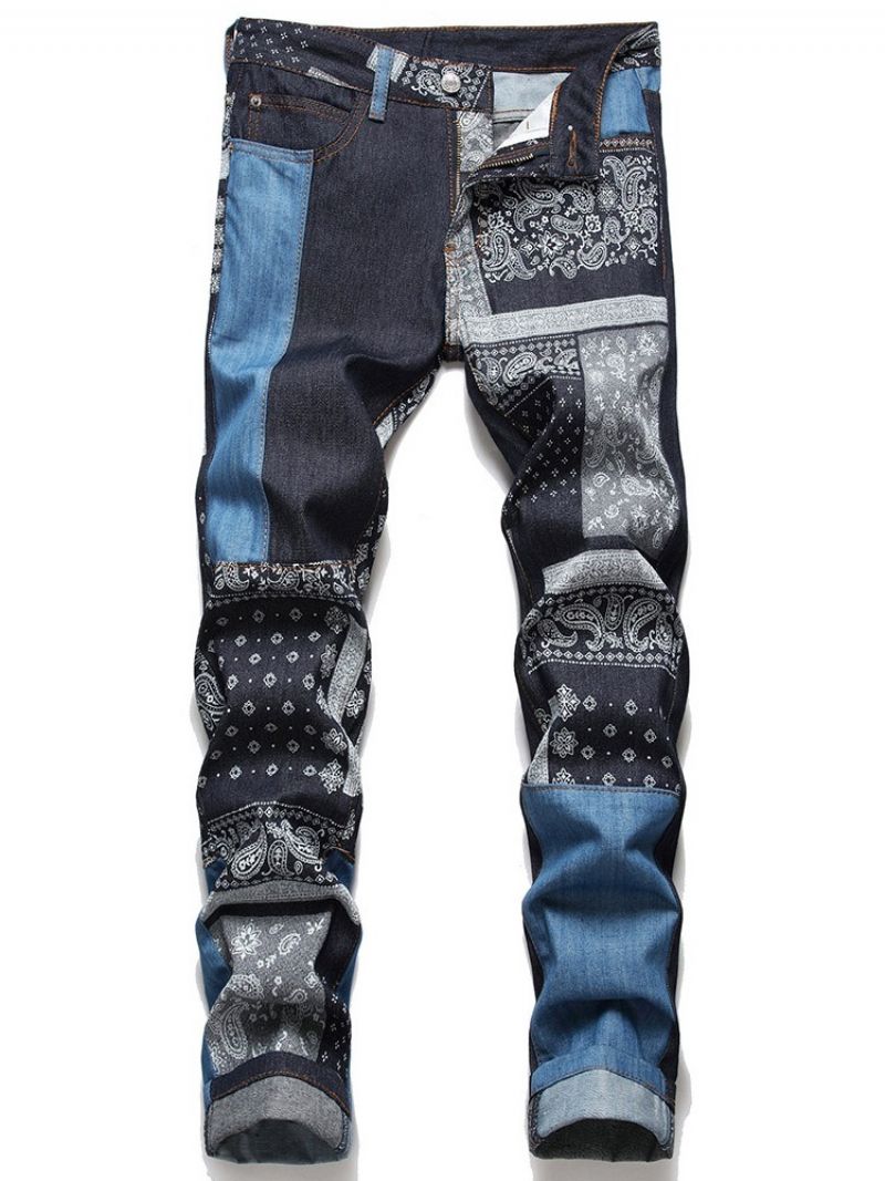 Patchwork Straight Floral Lynlås Mid Waist Jeans