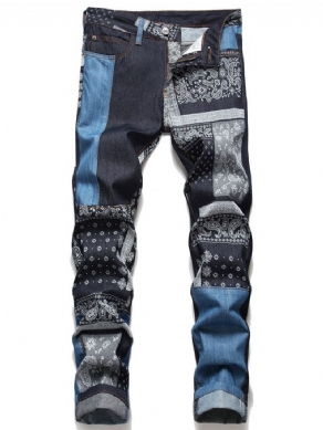 Patchwork Straight Floral Lynlås Mid Waist Jeans