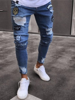 Pencil Pants Applikationer Mid Waist Mænds Casual Jeans