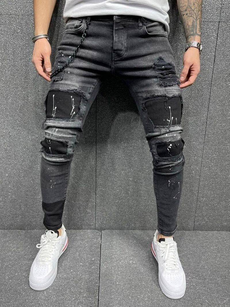 Pencil Pants Paint Splatters Mid Waist European Jeans