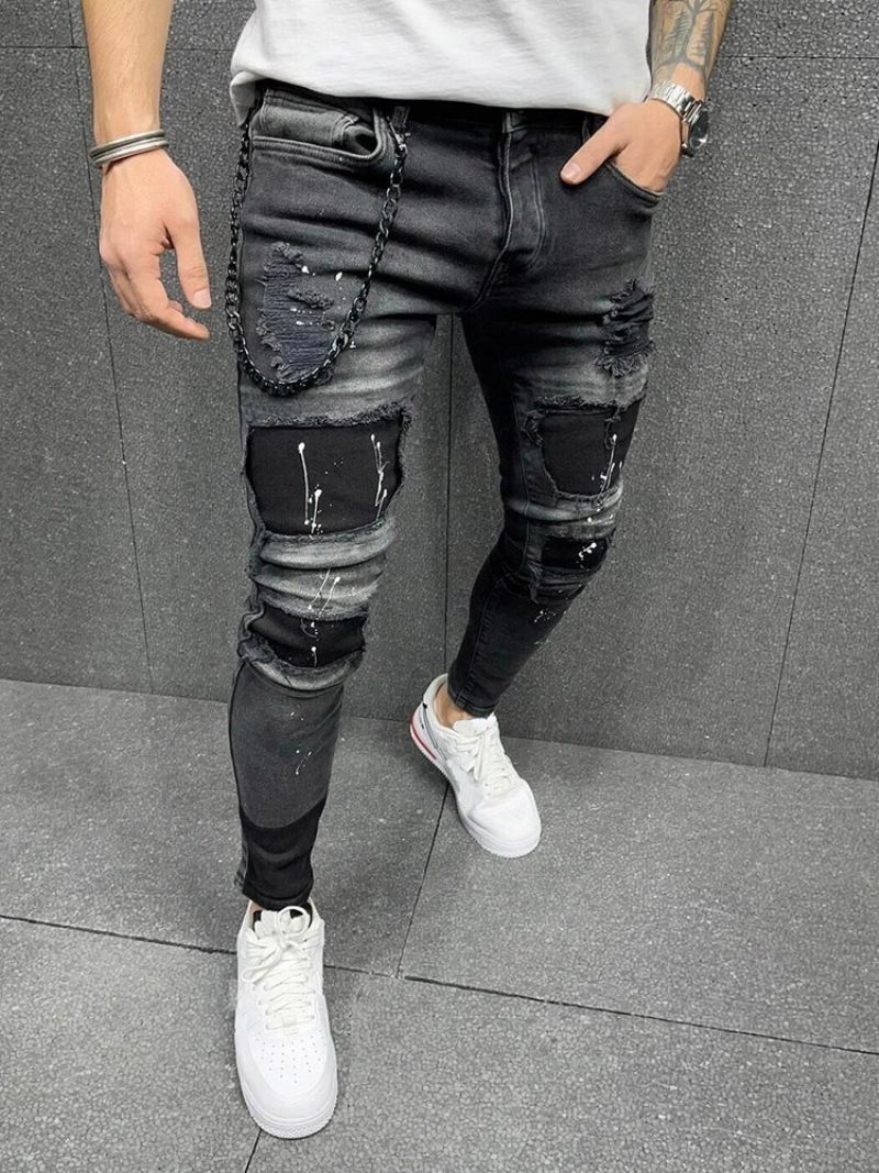 Pencil Pants Paint Splatters Mid Waist European Jeans