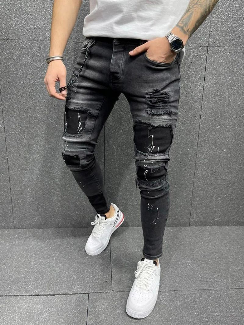 Pencil Pants Paint Splatters Mid Waist European Jeans