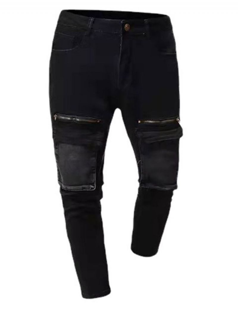 Pocket Pencil Pants Color Block European Mid Waist Jeans