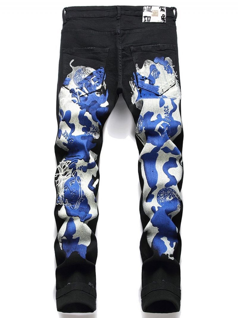 Print Straight Letter Lynlås Mid Waist Jeans