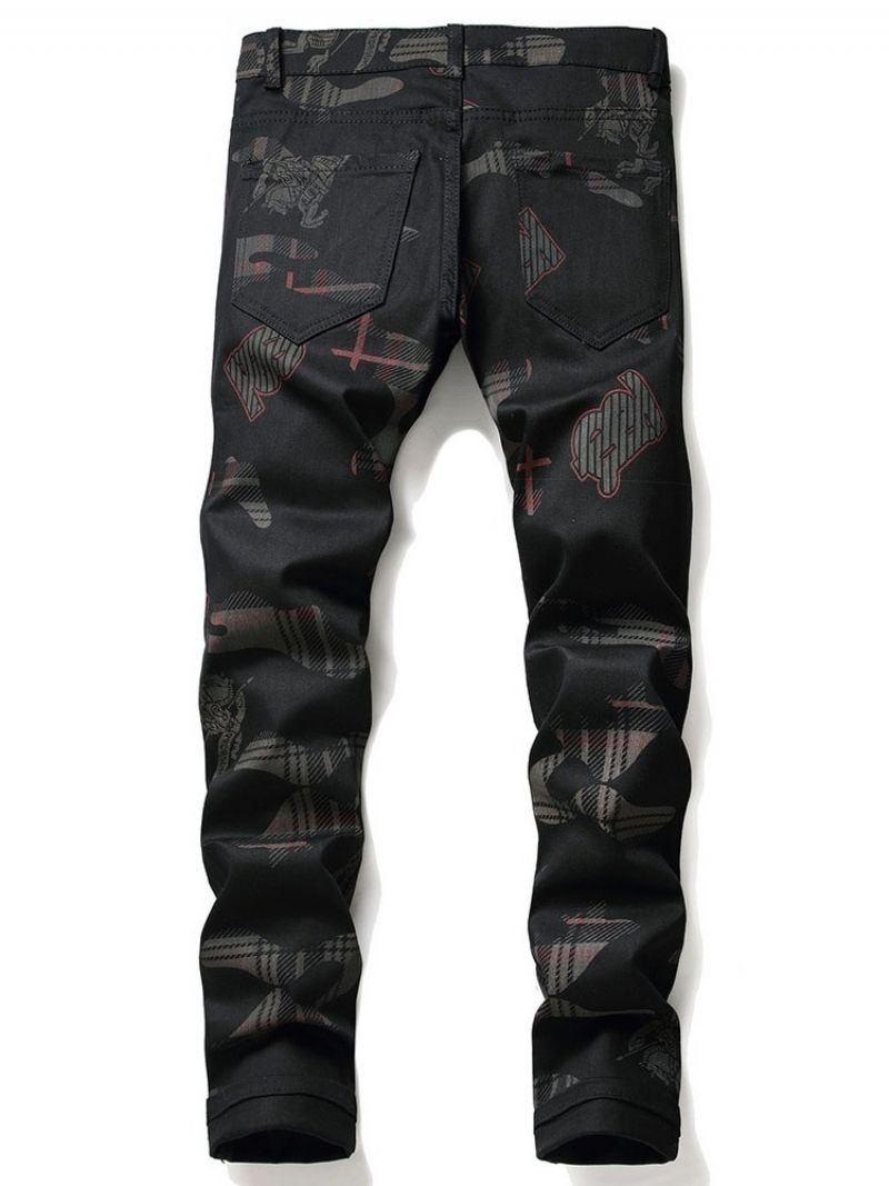 Straight Print Lynlås Mid Waist Jeans