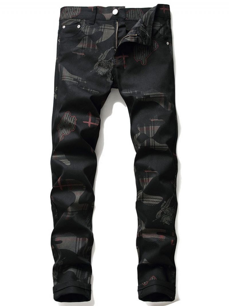 Straight Print Lynlås Mid Waist Jeans