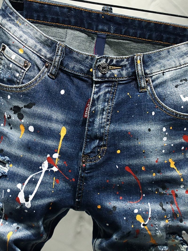 Thin Paint Splatters Koreanske Jeans Med Lynlås