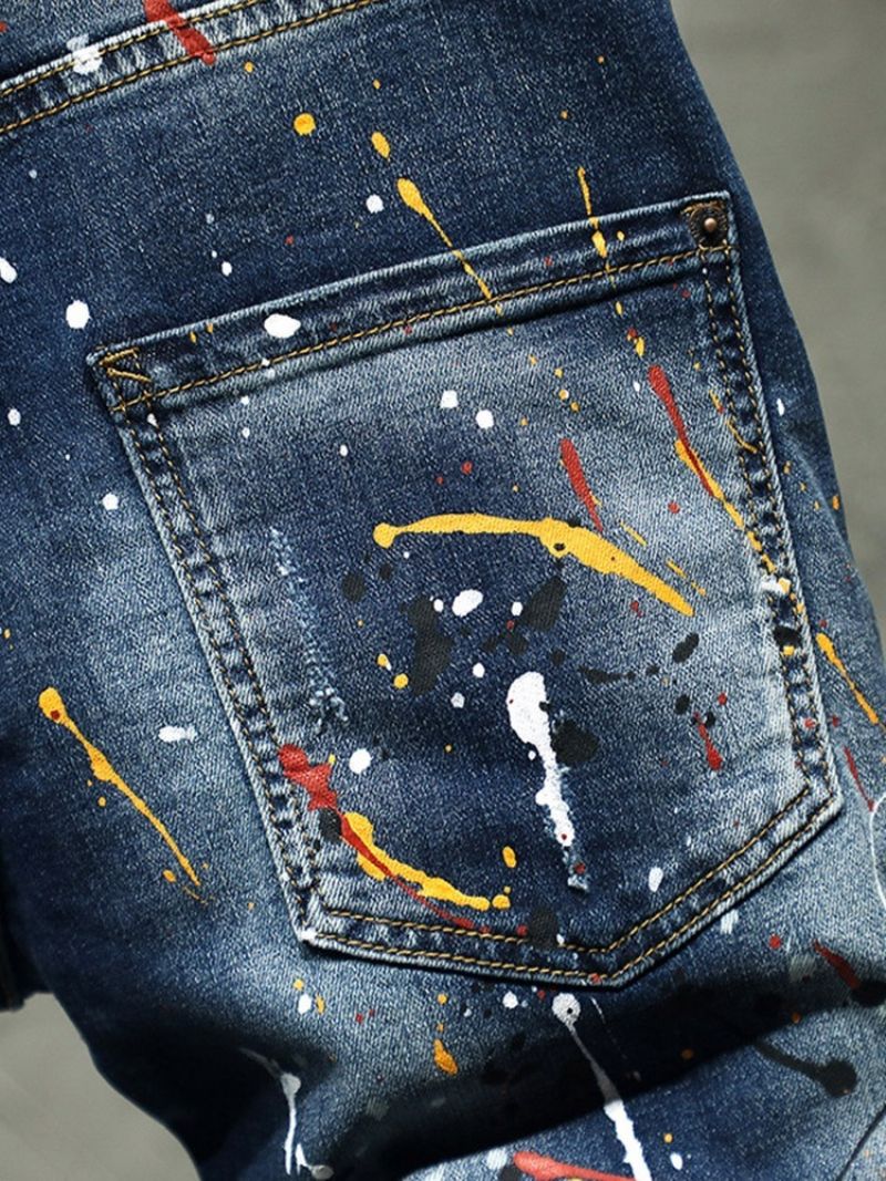 Thin Paint Splatters Koreanske Jeans Med Lynlås