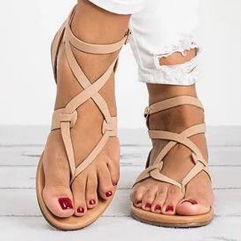 Strappy Plain Buckle Thong Flade Sandaler