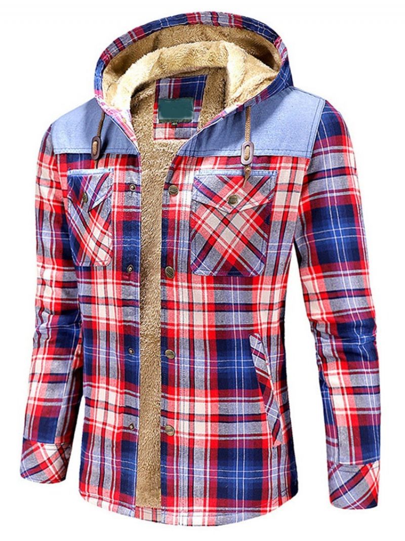 Plaid Fleece Patchwork Vinter Casual Herrejakke