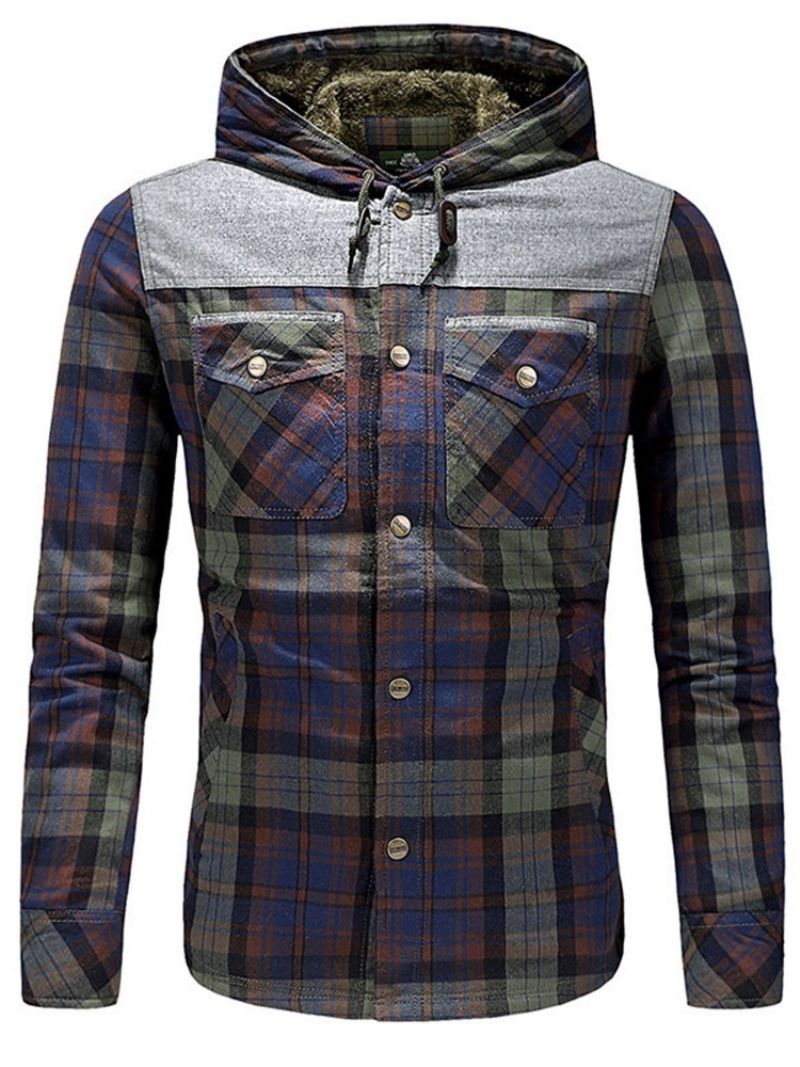 Plaid Fleece Patchwork Vinter Casual Herrejakke