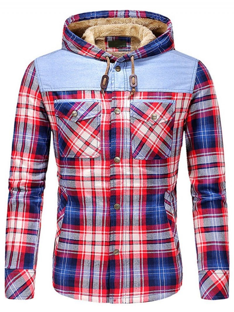 Plaid Fleece Patchwork Vinter Casual Herrejakke