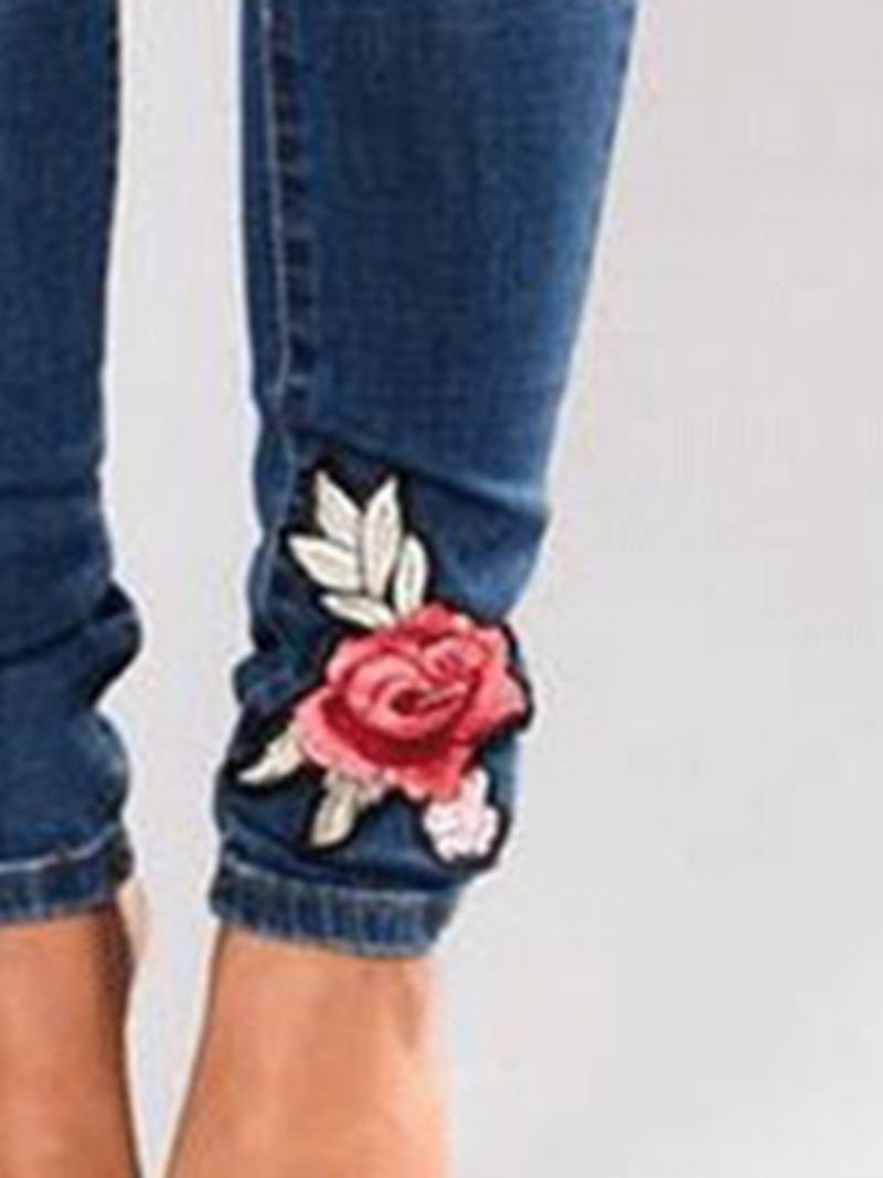 Broderi Floral Slanke Jeans Med Mellemtalje