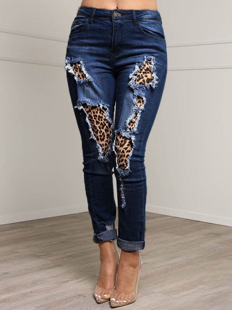 Patchwork Leopard Pencil Bukser Lynlås Dame Slim Jeans