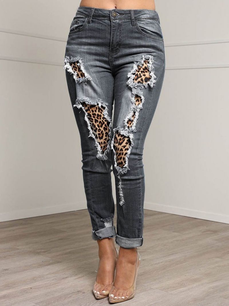 Patchwork Leopard Pencil Bukser Lynlås Dame Slim Jeans