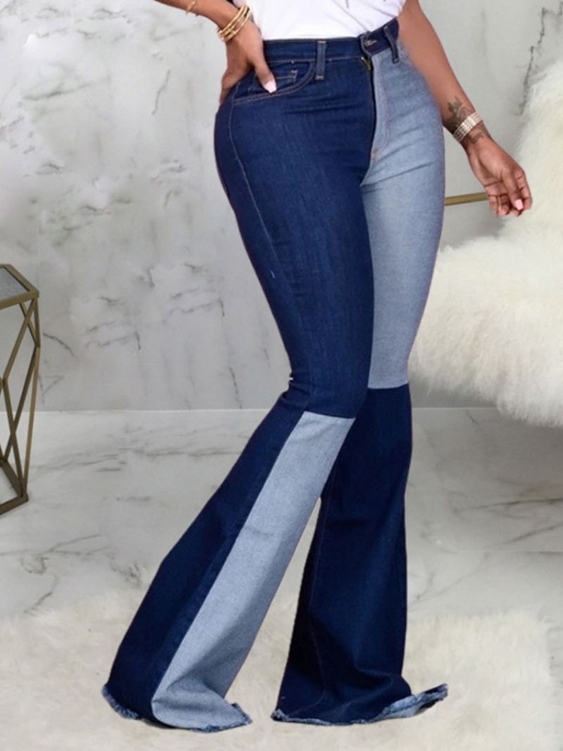 Stor størrelse Pocket Color Block Bellbottoms Slim Jeans Med Lynlås