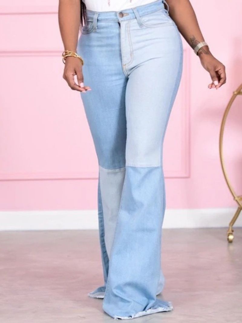 Stor størrelse Pocket Color Block Bellbottoms Slim Jeans Med Lynlås