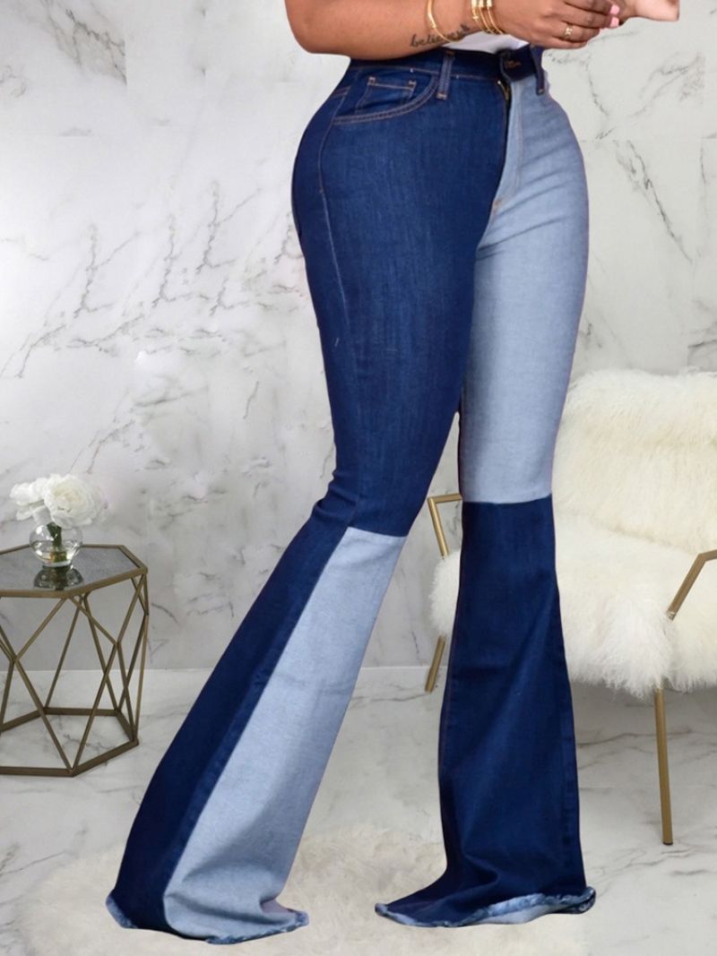 Stor størrelse Pocket Color Block Bellbottoms Slim Jeans Med Lynlås