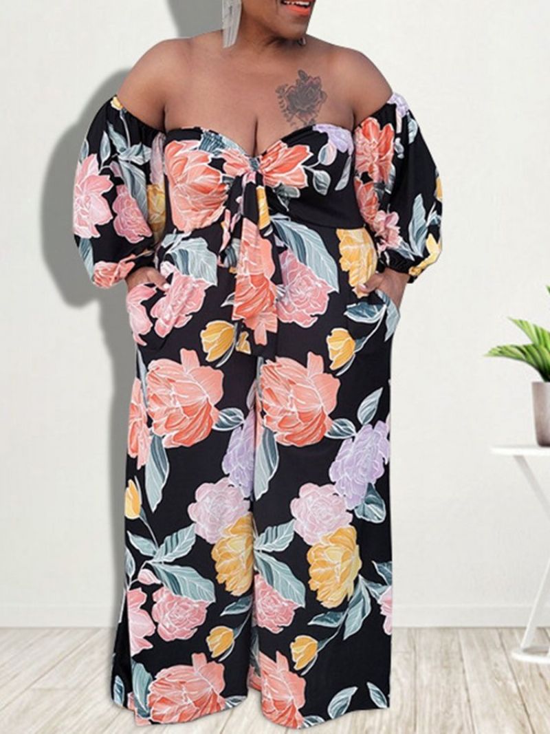 Fuld Længde Blomster Afslappet Kvinders Slim Jumpsuit Plus Størrelse