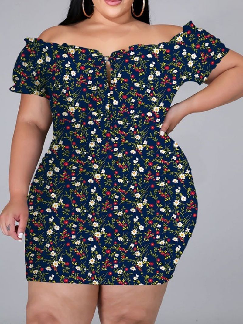 Kortærmet Over Knæet Print Bodycon Pullover Floral Bodycon kjole Stor størrelse