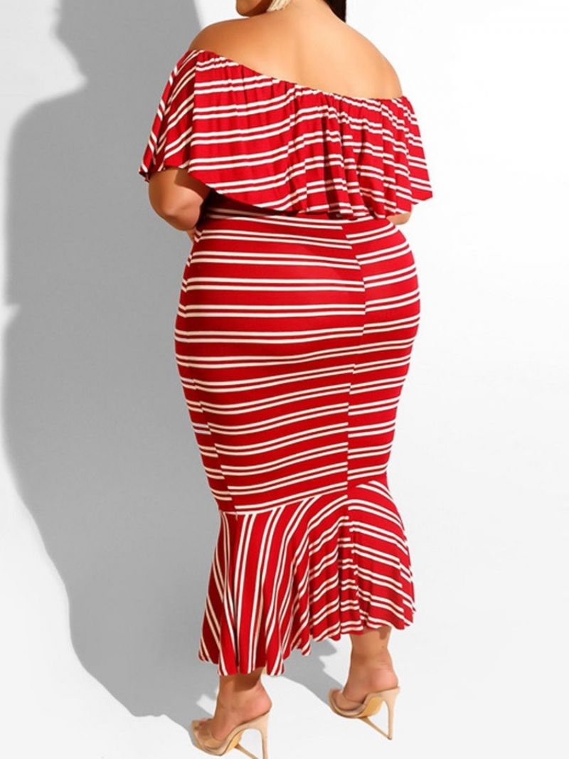 Off Shoulder Patchwork Mid-Calf Mode Stripe Mermaid Bodycon Kjole