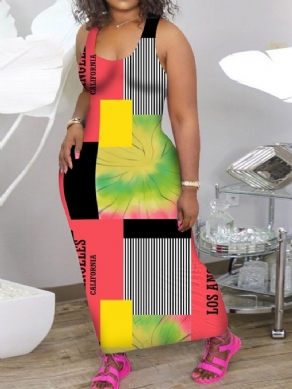 Patchwork Ærmeløs Ankellængde Casual Color Block Bodycon kjole Stor størrelse