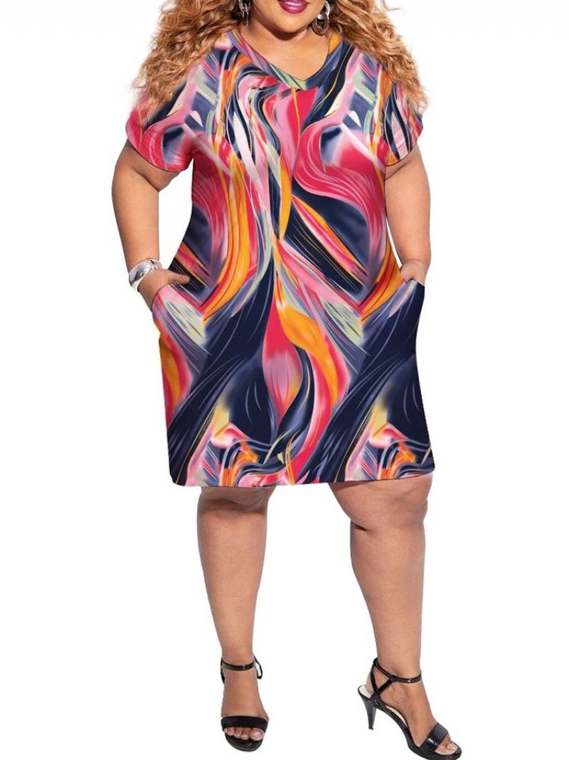 Print Above Knee Kortærmet Pullover Color Block Dress