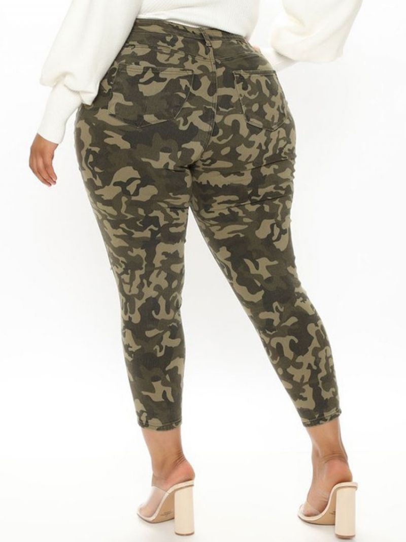 Skinny Hole Camouflage Pencil Pants Ankellængde Damebukser Stor størrelse