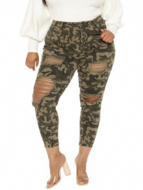 Skinny Hole Camouflage Pencil Pants Ankellængde Damebukser Stor størrelse