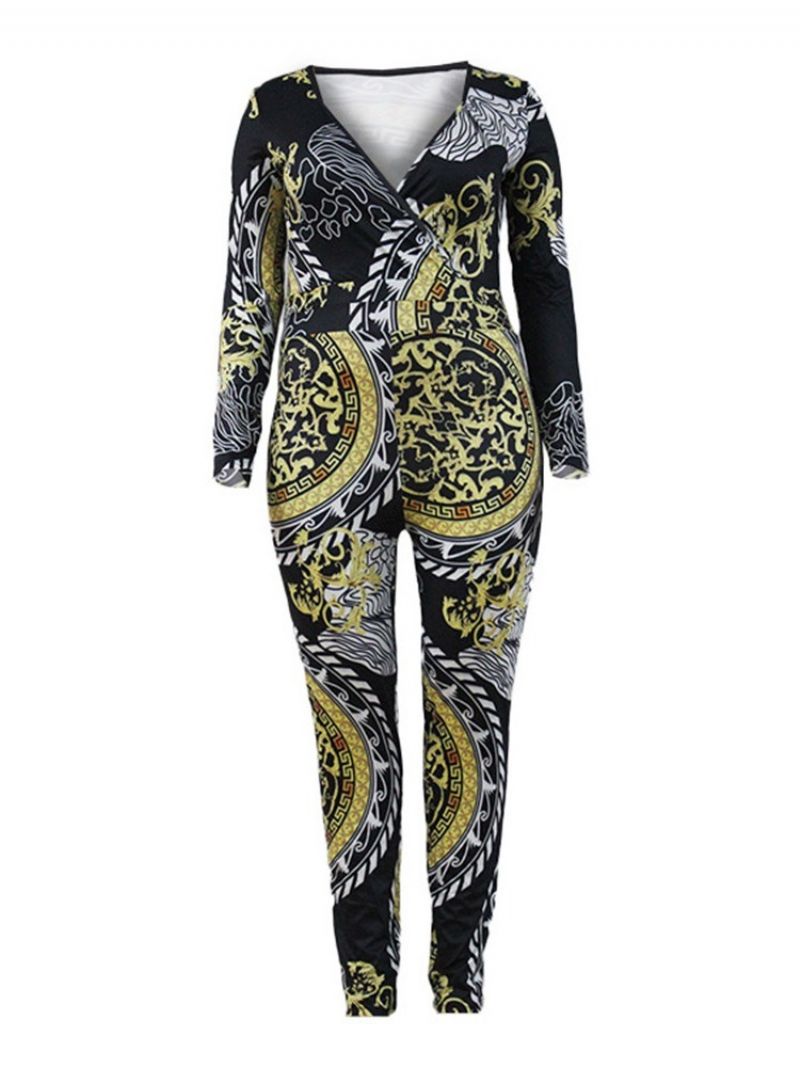 Stor størrelse Color Block Fuld Længde Print Skinny High Waist Jumpsuit