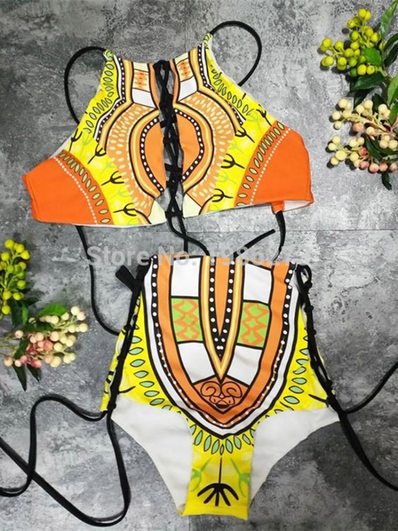 Stor størrelse Dashiki African Print Hul Højtaljet 2-Stk Bikinidragter