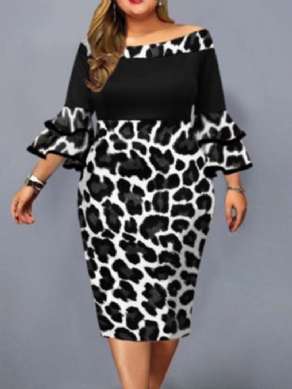 Stor størrelse Falbala Mid-Calf Off Shoulder Leopard Pullover-Kjole