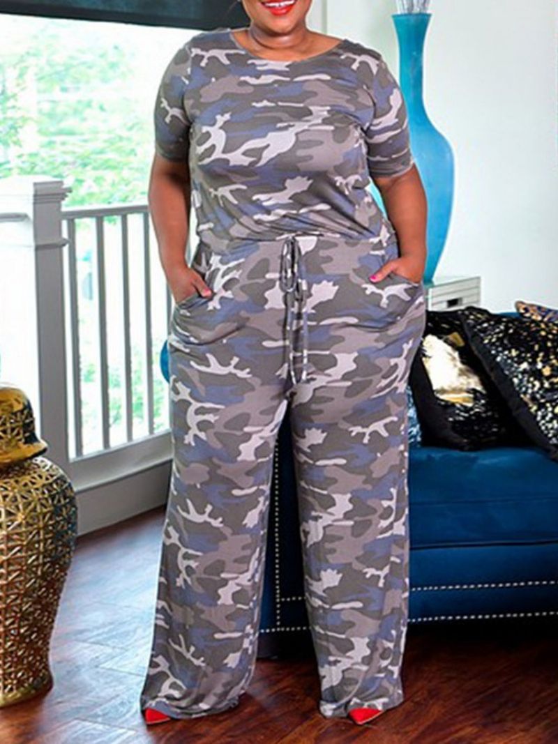 Stor størrelse Print Fuld Længde Camouflage Jumpsuit Med Brede Ben