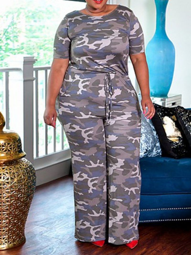 Stor størrelse Print Fuld Længde Camouflage Jumpsuit Med Brede Ben