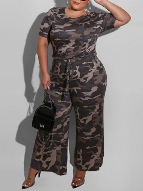 Stor størrelse Print Fuld Længde Camouflage Jumpsuit Med Brede Ben