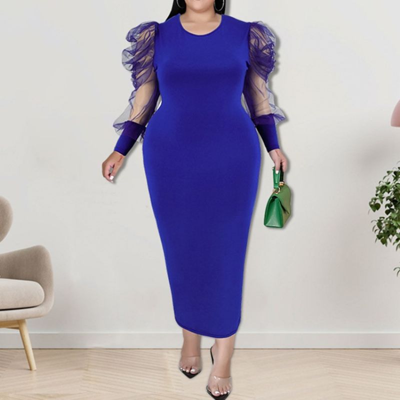 Stor størrelse Rundhalset Mesh Langærmet Bodycon Puff Sleeve Bodycon Kjole