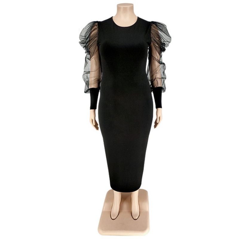 Stor størrelse Rundhalset Mesh Langærmet Bodycon Puff Sleeve Bodycon Kjole