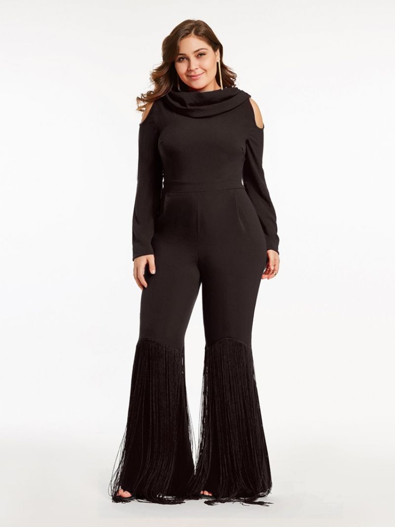 Stor størrelse Tassel Wide Leg Cold Shoulder Jumpsuit Til Kvinder