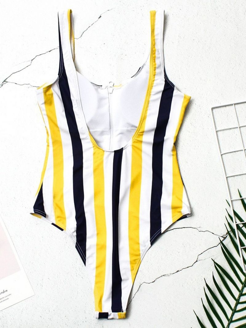 One Piece Stripe Lynlås Color Block Stretchy Badetøj