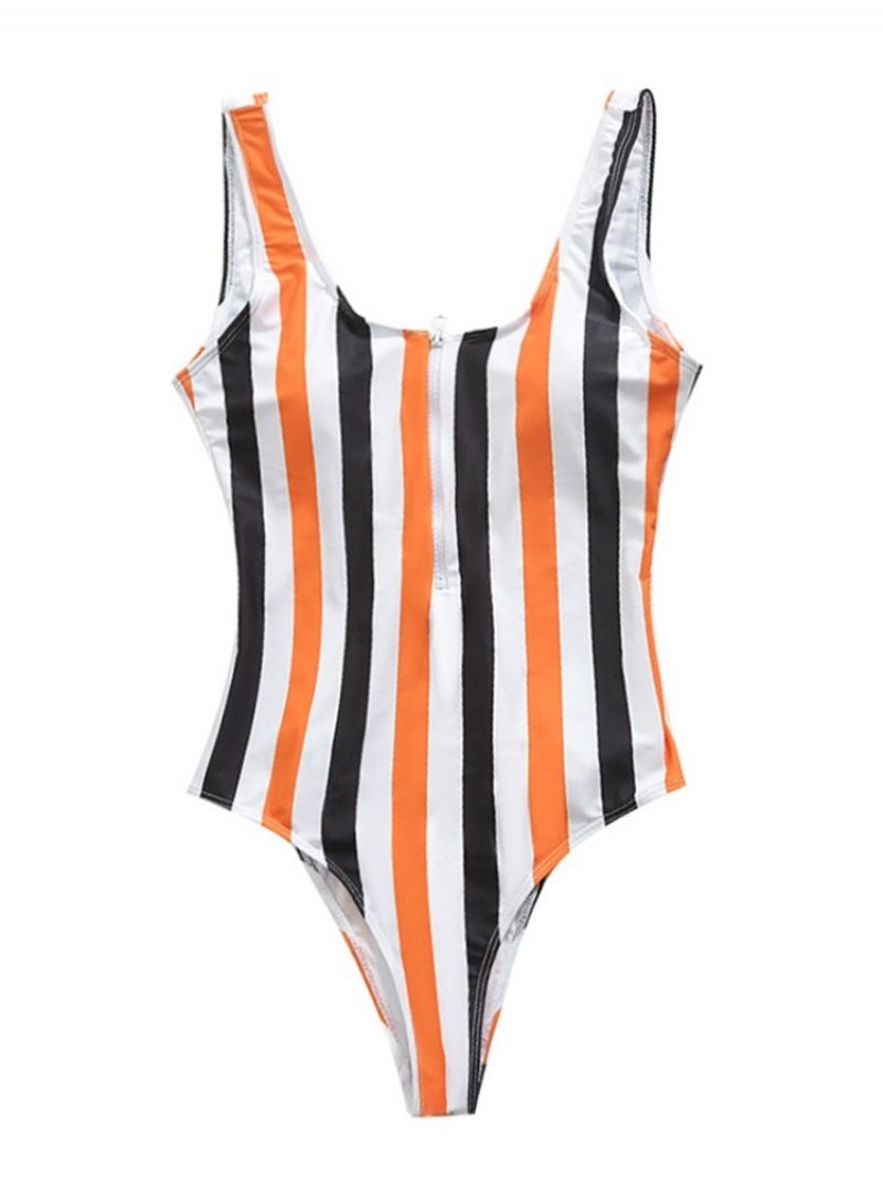 One Piece Stripe Lynlås Color Block Stretchy Badetøj