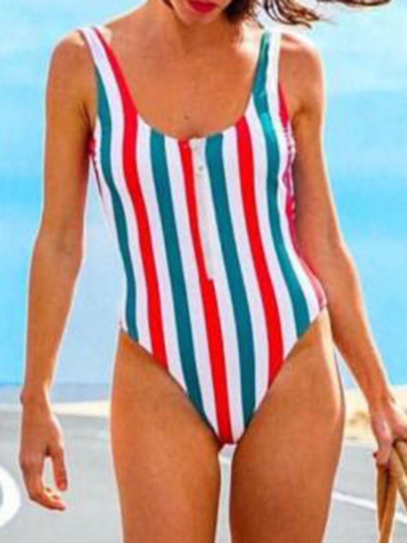 One Piece Stripe Lynlås Color Block Stretchy Badetøj