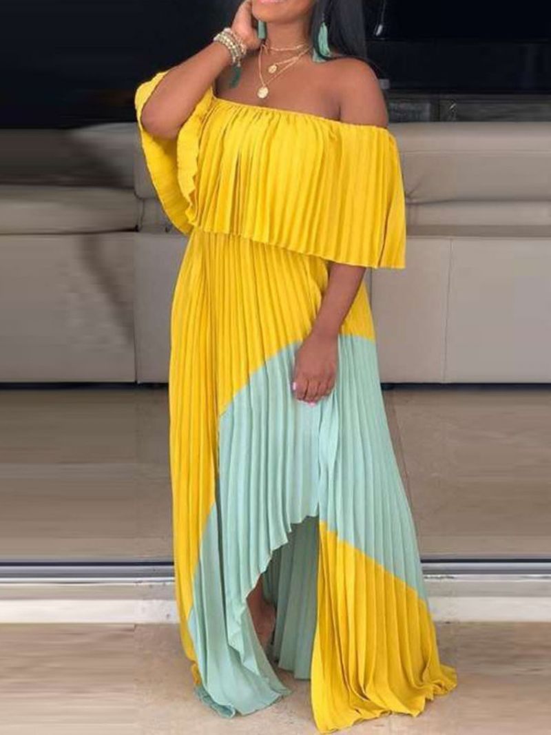 Asymmetrisk Off Shoulder Plisseret Color Block Expansion Dress