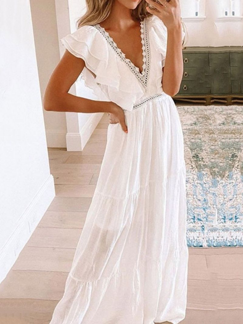 Gulvlang Kortærmet Falbala Mid Waist White Maxi-Kjole