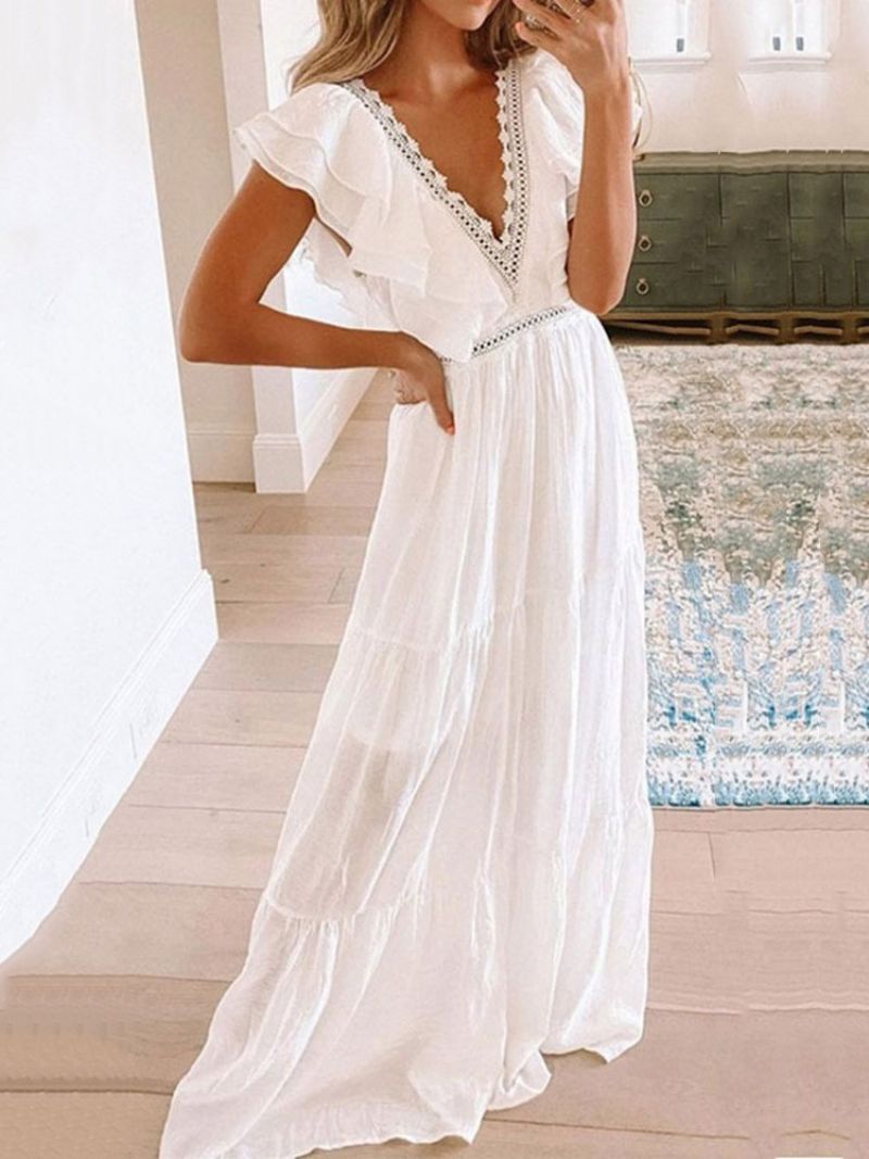 Gulvlang Kortærmet Falbala Mid Waist White Maxi-Kjole