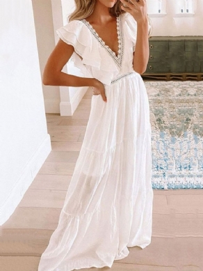 Gulvlang Kortærmet Falbala Mid Waist White Maxi-Kjole