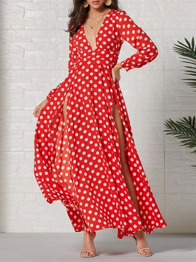 Langærmet Ankellængde V-Hals Mode Polka Dots Damekjole