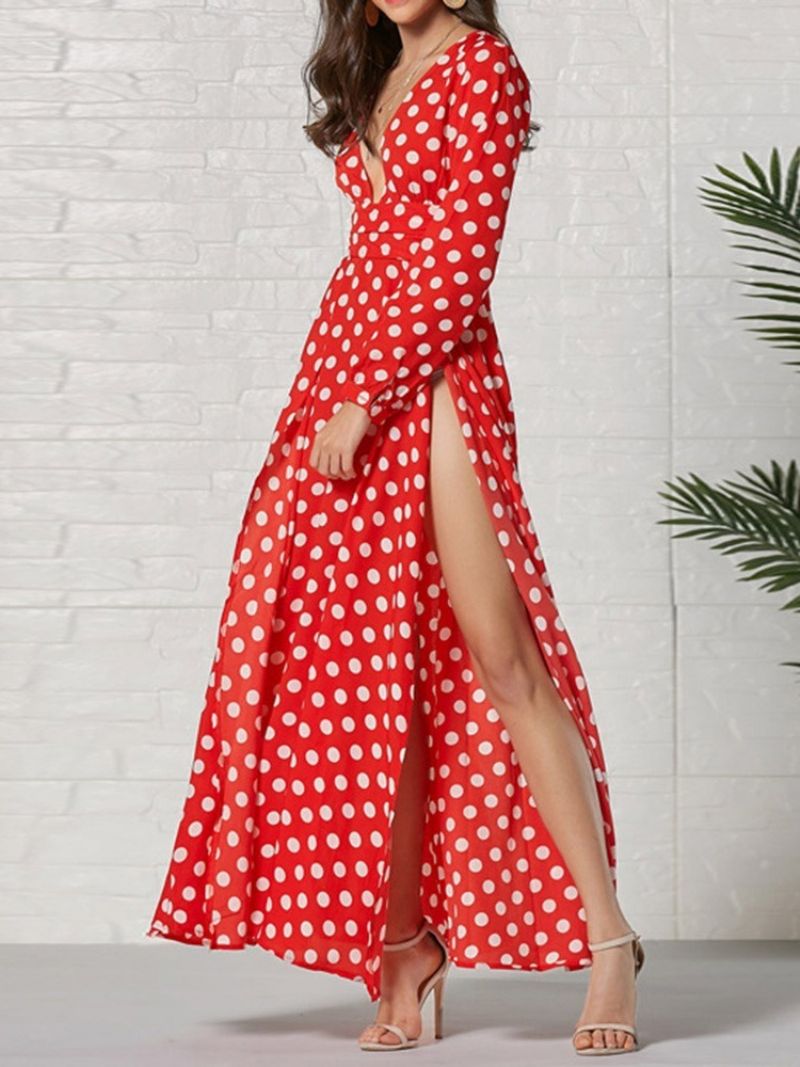 Langærmet Ankellængde V-Hals Mode Polka Dots Damekjole