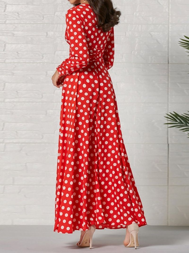 Langærmet Ankellængde V-Hals Mode Polka Dots Damekjole