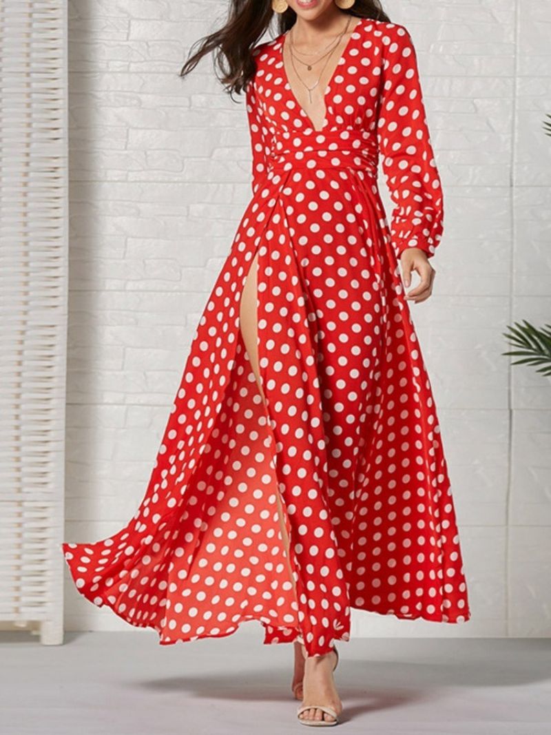 Langærmet Ankellængde V-Hals Mode Polka Dots Damekjole